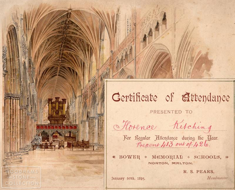  Bower Memorial School - Certificate of Attendance. The Bower Memorial National School opened in 1873. It was dedicated to the memory of Robert Bower of Welham. It had three rooms, boys, girls and infants with room for 600. At the end of 1907 it became the Norton Council School WS ref: MALWS.2016.1553 