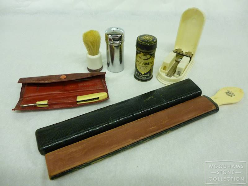  Shaving. Our collection includes everything an Edwardian gentleman would need. A cut-throat razor with strop for keeping it sharp. A shaving brush and soap stick. We also have an early safety razor in a case with space for razor blades! 
