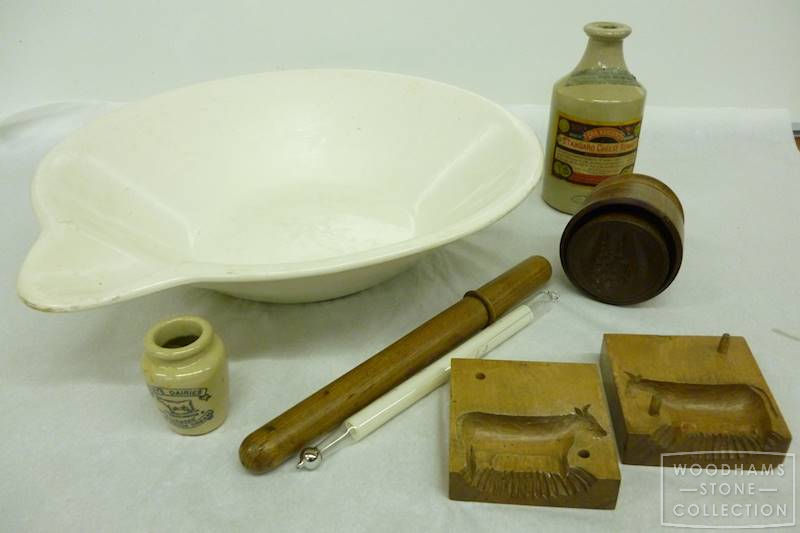  Butter Making Equipment Traditionally butter making was carried out by small scale producers. Items in the Woodhams Stone Collection represent the whole process from setting dishes, used to separate the cream from the milk, to carved moulds and stamps, often used to decorate the butter ready for market. 